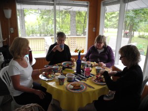 early morning breakfast of boiled eggs, bacon, toast and fruit...